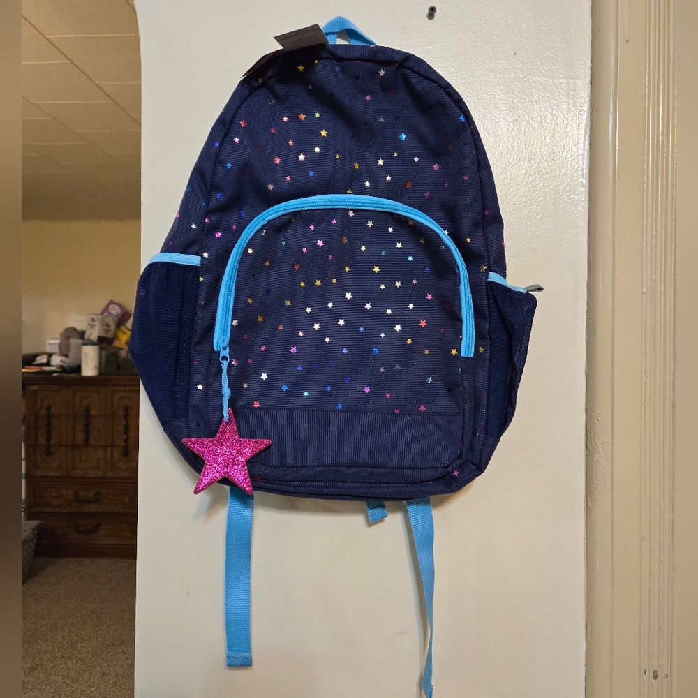 Brand new!! NWT Cat & Jack full size blue & metallic rainbow stars backpack